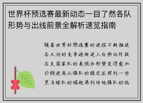 世界杯预选赛最新动态一目了然各队形势与出线前景全解析速览指南